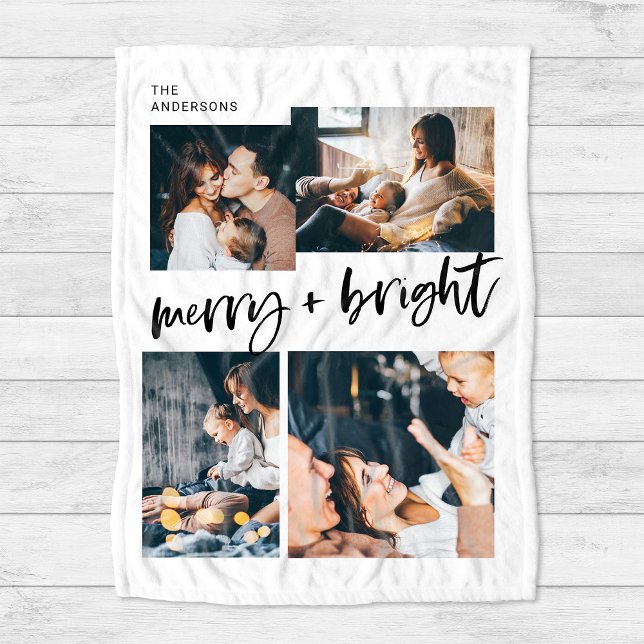 Merry och Bright | Flerfoto Grid jul Fleecefilt (A modern, black and white holiday blanket with trendy casual script and four family phtoos)