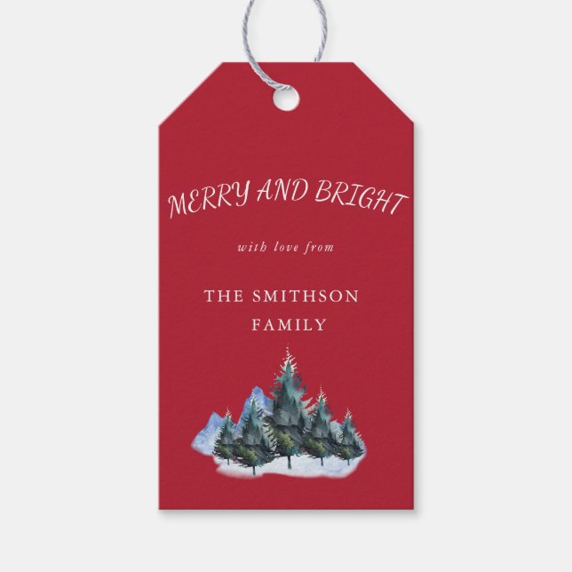 Merry och Bright, Gräs Träd Red Helgdag Presentetikett (Framsidan)