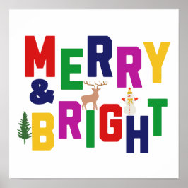 Merry och Bright Gräs Träd Reindeer Snögubbe Poster