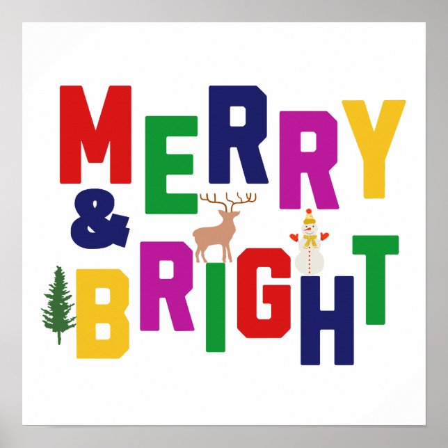 Merry och Bright Gräs Träd Reindeer Snögubbe Poster (Framsidan)
