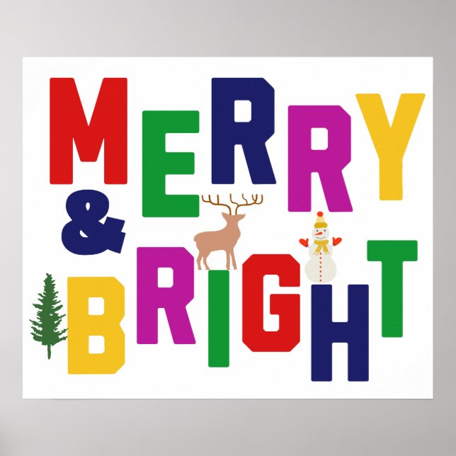 Merry och Bright Gräs Träd Reindeer Snögubbe Poster (Framsidan)