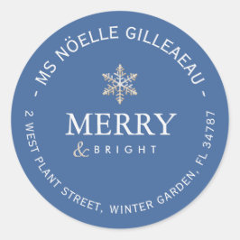 Merry och Bright Guld Snowflake Blue Minimalist Runt Klistermärke
