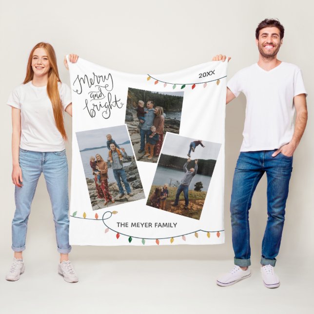 Merry och Bright jul Ljus Tre foto Fleecefilt (På plats)