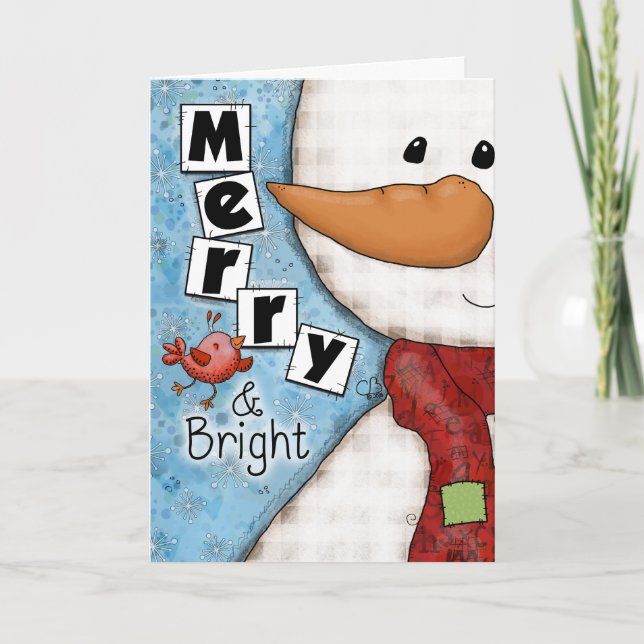 Merry och Bright jul Snögubbe och Red Bird Helgkort (Framsida)