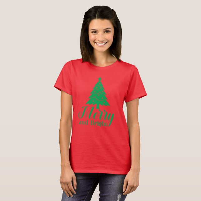 Merry och Bright Julgranar T Shirt (Hel framsida)