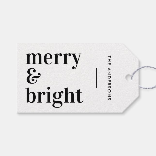Merry och Bright | Julmodern, svart och vitt Presentetikett (Framsidan (Horisontell))