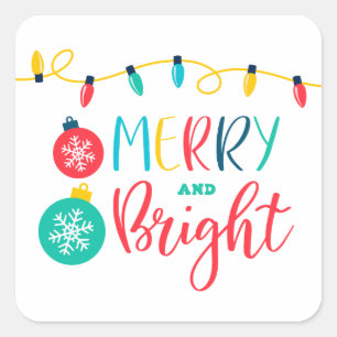 Merry och Bright med en sträng av ljus Fyrkantigt Klistermärke
