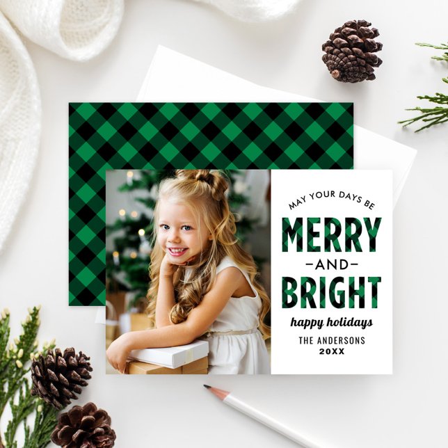 Merry och Bright Modern Grönt Buffalo Play Photo Julkort (Skapare uppladdad)