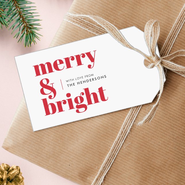 Merry och Bright | Modern Julrött ljus Presentetikett (Personalize your holiday packaging with this modern red and white gift tag.)