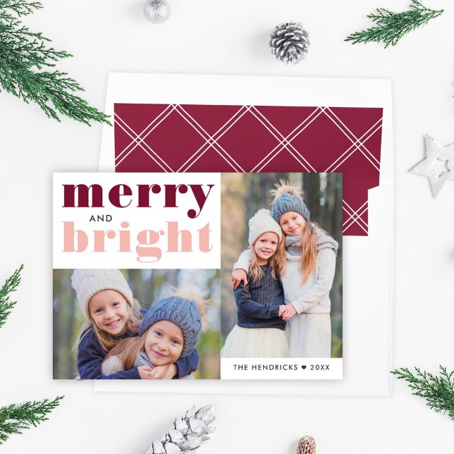 Merry och Bright| Modern merlot och  foto Julkort (Skapare uppladdad)