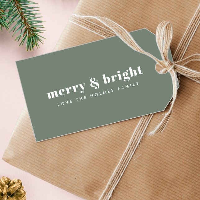 Merry och Bright | Modern minimal Grönt vid jul Presentetikett (Stylish minimalist Christmas tags with elegant retro lettering for festive wrapping and gifts)