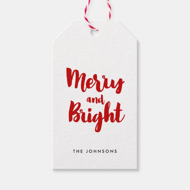 Merry och Bright Modern Red and White Presentetikett (Framsidan)