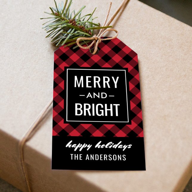 Merry och Bright Modern Red Buffalo Play Presentetikett (Skapare uppladdad)