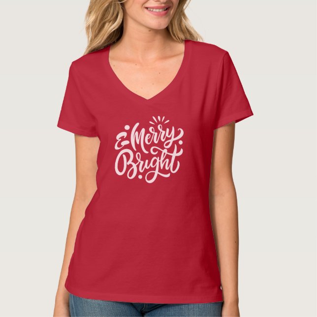 Merry och Bright Modern Red jul V-Nacke T Shirt (Framsida)