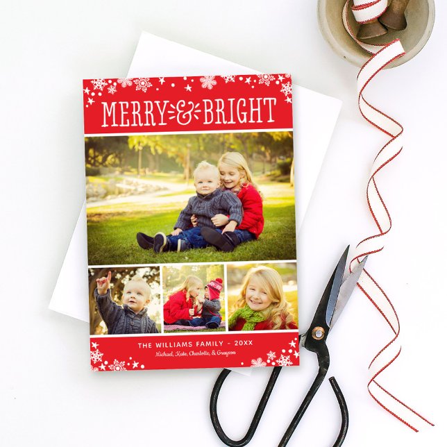 Merry och Bright Modern Red Photo Collage Julkort (Skapare uppladdad)