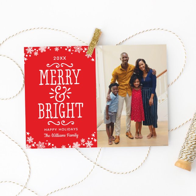 Merry och Bright Modern Red Photo Julkort (Skapare uppladdad)