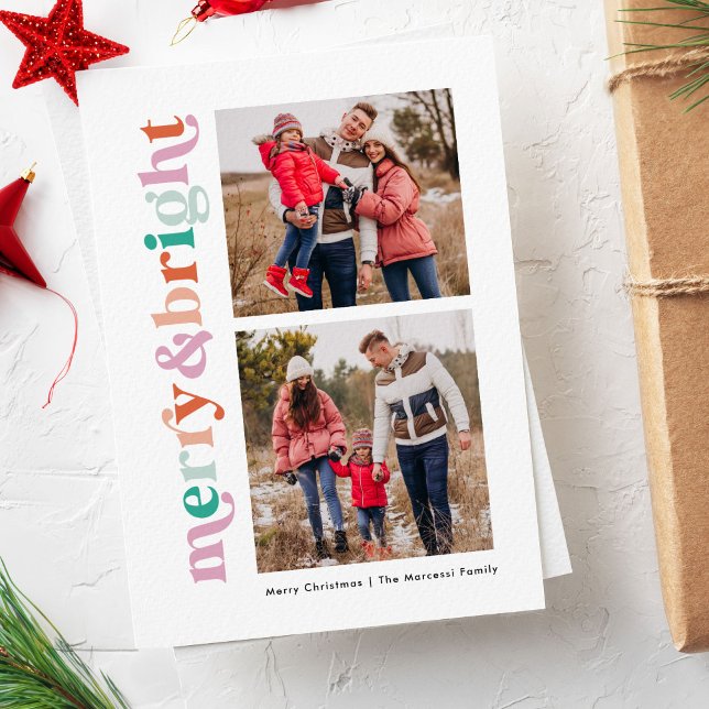 Merry och Bright Modern Whimsical 2-Photo Julkort ("merry and bright" whimsical typography 2 photo holiday card)