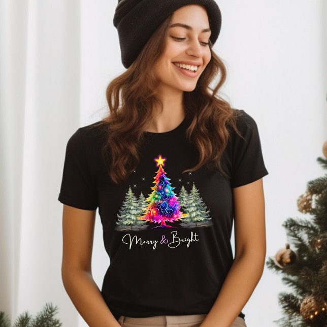 Merry och Bright Neon Glowing Julgran Black T Shirt (Skapare uppladdad)