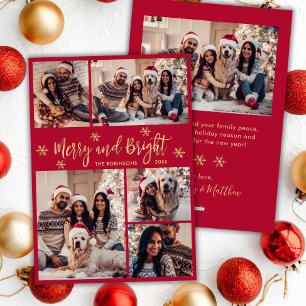 Merry och Bright Red Guld Photo Collage jul Julkort