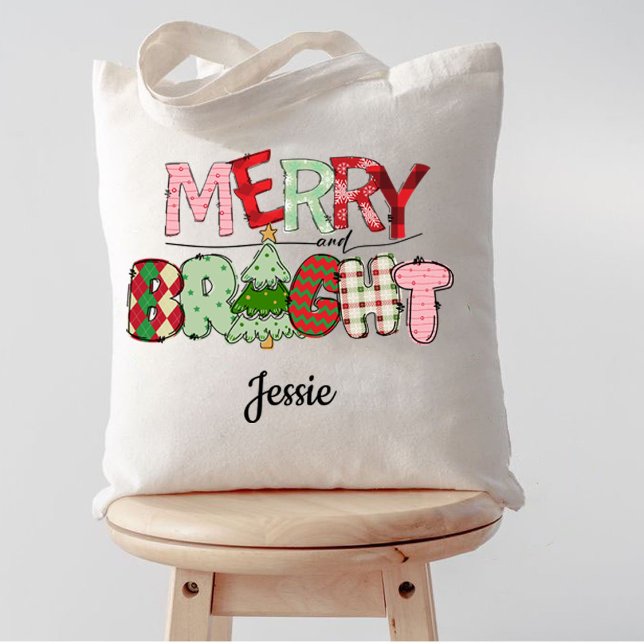 Merry och Bright Red jul Tygkasse (merry and bright Family holiday merry Christmas Tote Bag)