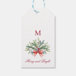 Merry och Bright Red Monogram Helgdag Greenery Presentetikett