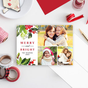 Merry och Bright Red Watercolor Greenery Photo Julkort