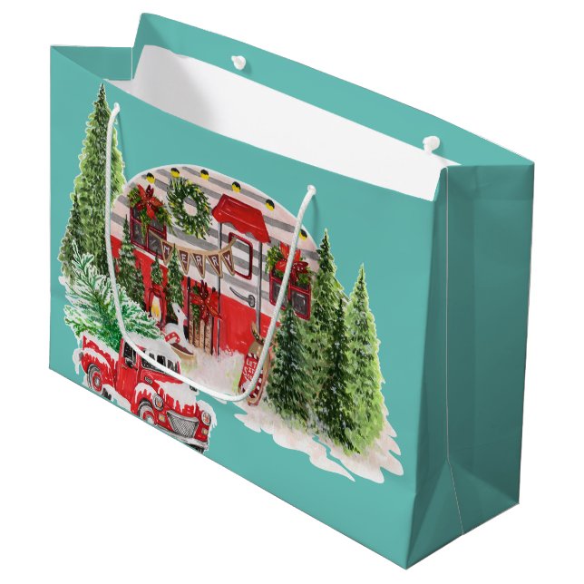 Merry och bright retro red lastbil Julafton blå hi (Framsidan Vinklad)