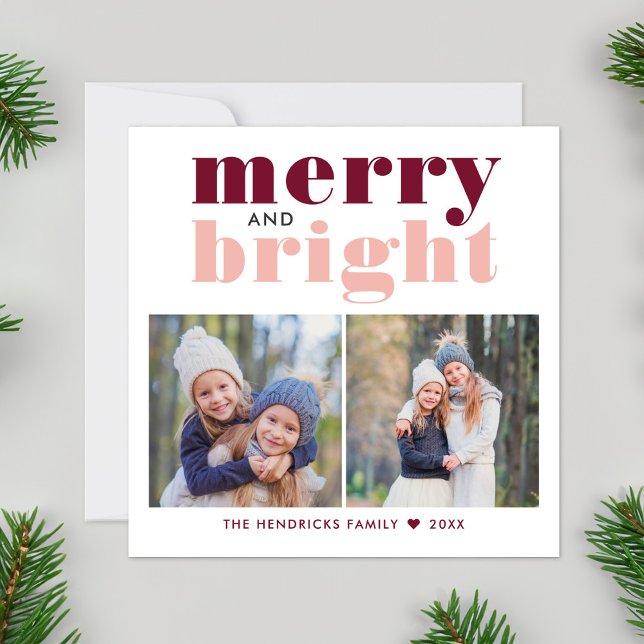 Merry och Bright Ro Guld och Vin Red Photo Julkort (Skapare uppladdad)