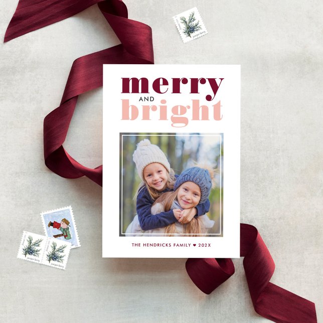 Merry och Bright Ro Guld och Vin Red Photo Julkort (Skapare uppladdad)