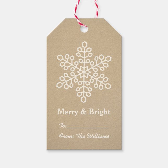 Merry och Bright Rustic Kraft Snowflake Helgdag Presentetikett (Framsidan)