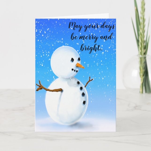 Merry och bright snögubbe på vintern blå himmel kort (Framsida)