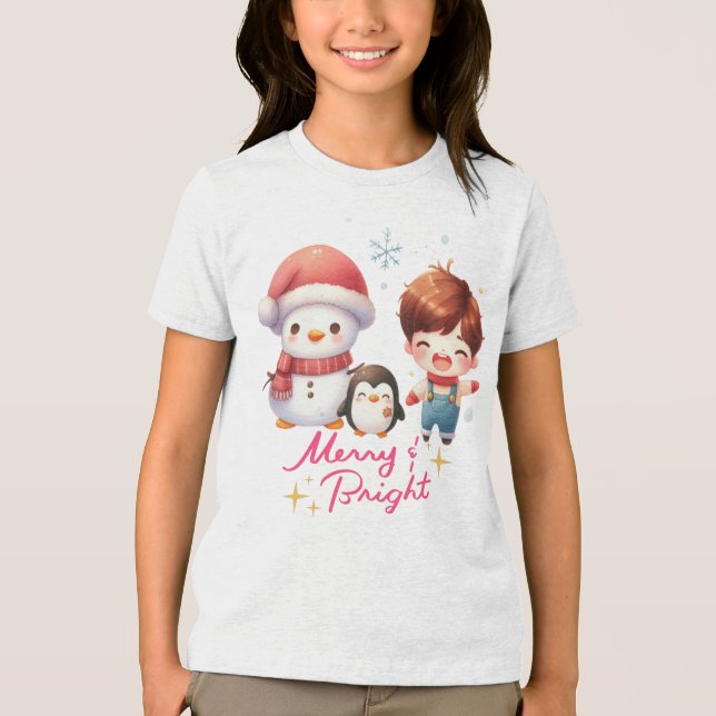 Merry och Bright Snögubbe T Shirt (Framsida)