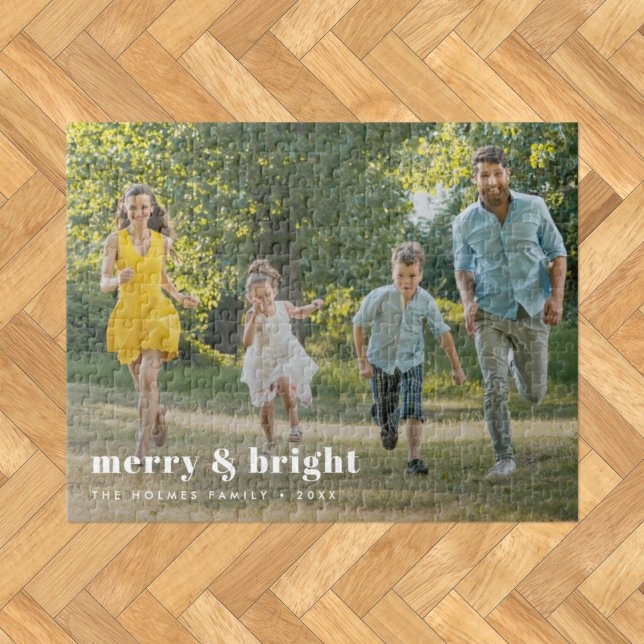 Merry och Bright | Snyggt-familjens fotojul Pussel (Modern festive photo puzzle with personalised message for stylish and thoughtful gifting)