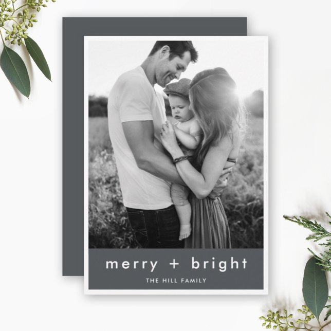Merry och Bright | Snyggt Grått-julfoto Julkort (Skapare uppladdad)