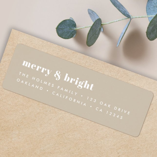 Merry och Bright | Snyggt Retro-julklapp Returadress Etikett (Personalize your envelopes with this neutral beige Christmas label)