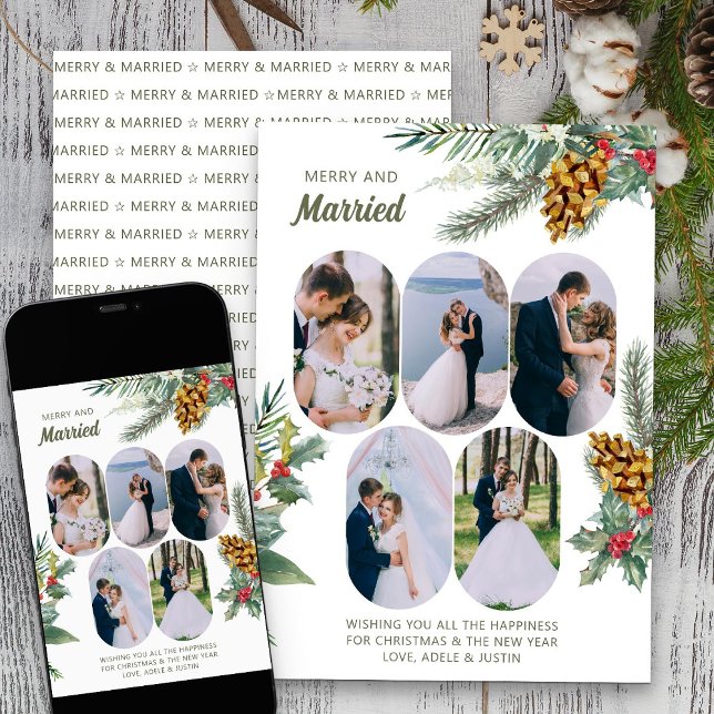 Merry och Married 5 Photo Holly och Gräs Newlyweds Julkort (Merry & Married Photo Holiday Card from Rounded Lozenge Photo Collage collection)