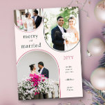 Merry och Married Modern Arch Newlyed 3 Photo Julkort<br><div class="desc">För dina första julklappar som gifta par, är det här enkla, moderna visningar för fotokort för helgdag 3 av dina favoritfoton från bröllop eller jultomma bilder. Fotografierna visas i en trio av bågformad ramar och formgivningen är skriven med "merry and gifta". Du kan enkelt byta färg och även lägga till...</div>