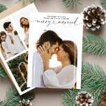 Merry och Married Mr & Mrs. julfoto Collage Julkort<br><div class="desc">Ett modernt, minimalt, elegant- och snyggt julkort för den nya Mr. och Mrs. Med en rolig och gift hjärtmanusskript kalligrafibrev med ett vackert bågfoto av det nya och tre till i baksidan. Du kan anpassa foton och texter. Placeringsbilderna visar ett sött och romantiskt par. (Det här är foton från Jonathan...</div>