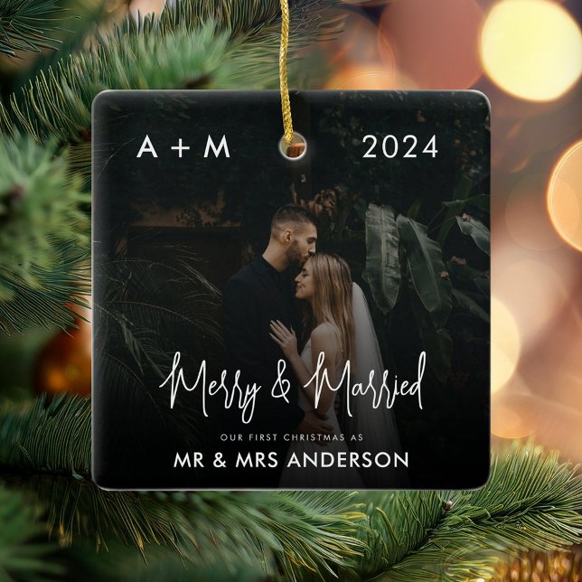 Merry och Married Newlyged First jul Photo Julgransprydnad Keramik (Skapare uppladdad)