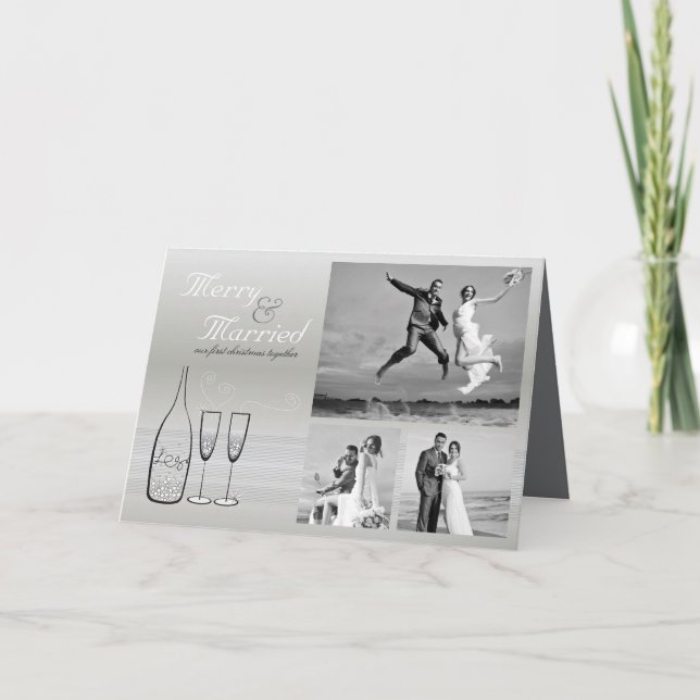 Merry och Married Silver Champagne 3 Photo Bröllop Helgkort (Framsida)