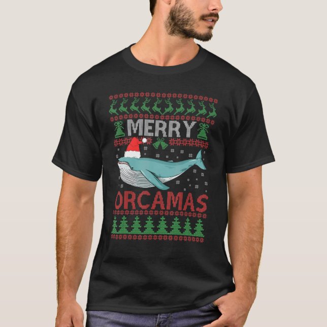 Merry Orcamas Santa Hat Killer Whale Ugly Julafton T Shirt (Framsida)