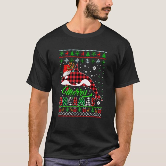 Merry Orcamas Xmas Sweater Red Plaid Santa Reindee T Shirt (Framsida)