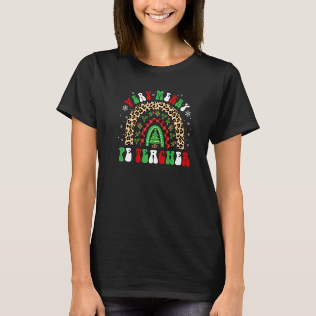 Merry PE Teacher Leopard Buffalo Red Play Rainb T Shirt (Framsida)