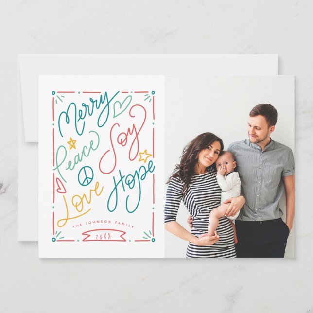 Merry Peace Joy Kärlek Hope Handdraget Bright Helg Julkort (Framsida)