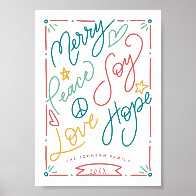 Merry Peace Joy Kärlek Hope Handdraget Bright Helg Poster (Framsidan)