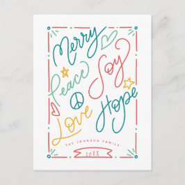 Merry Peace Joy Kärlek Hope Handritade ljusa Helgd Vykort