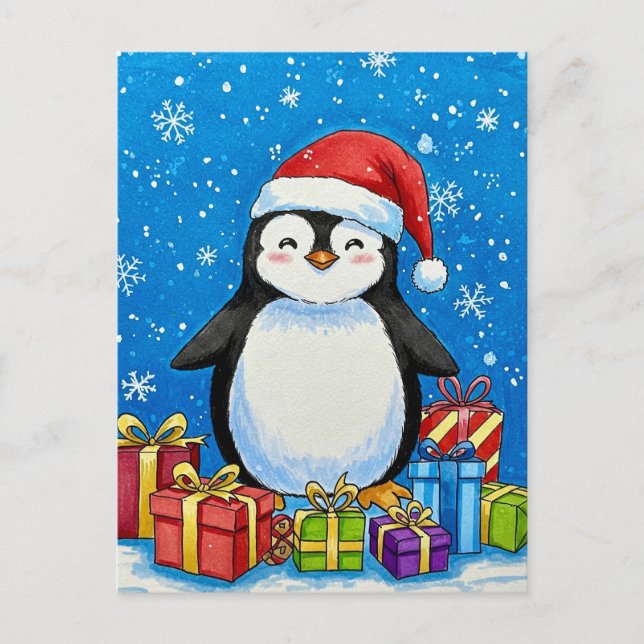 Merry Penguin Christmas Postcard Vykort (Framsida)