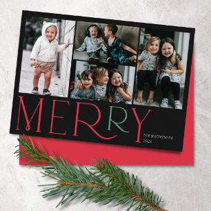 Merry Photo Simple Black Red Grönt Julkort