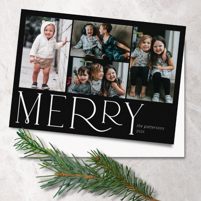 Merry Photo Simple Black White Julkort (Skapare uppladdad)