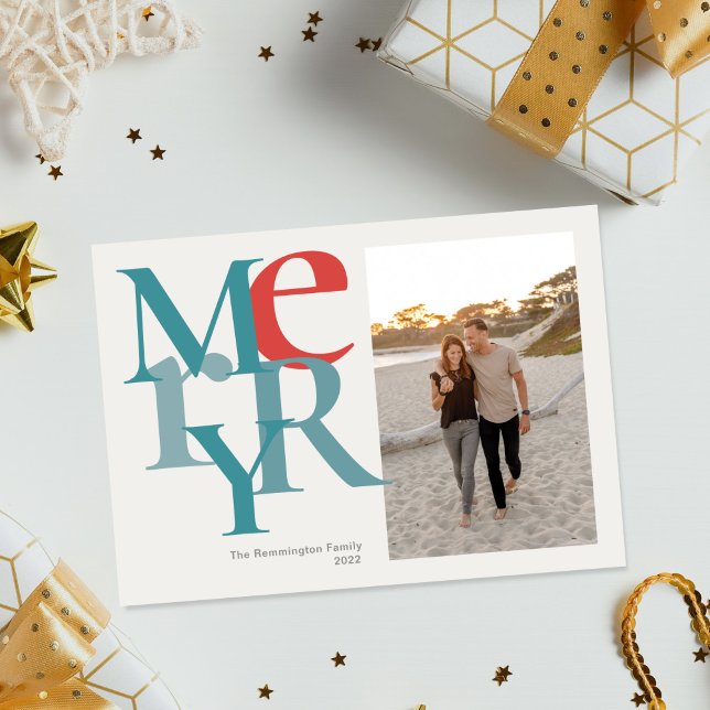 Merry Photo Simple Flat Teal Red Julkort (Skapare uppladdad)